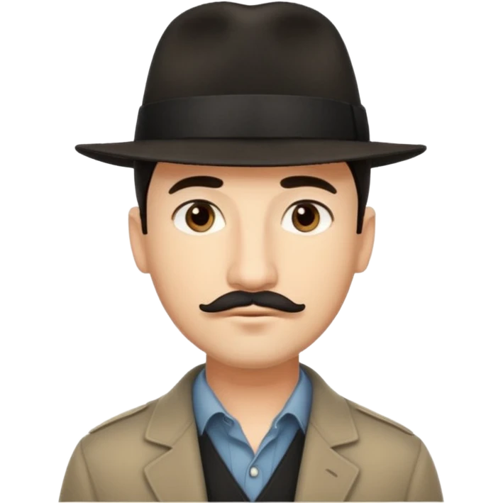 A light-skinned man with short dark hair, thin straight mustache, and a black fedora, with an oval face and calm look. emoji