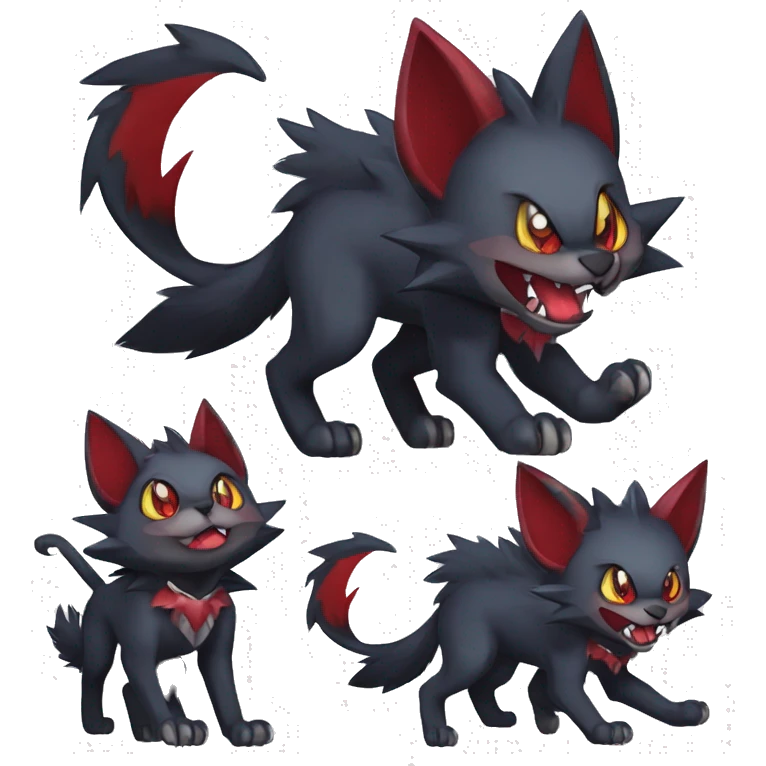   cool edgy fantasy anime-style dark animal vampiric Litten-Zoroark-Nargacuga-cat-hybrid Fakemon with big fangs and bat-ears full body emoji