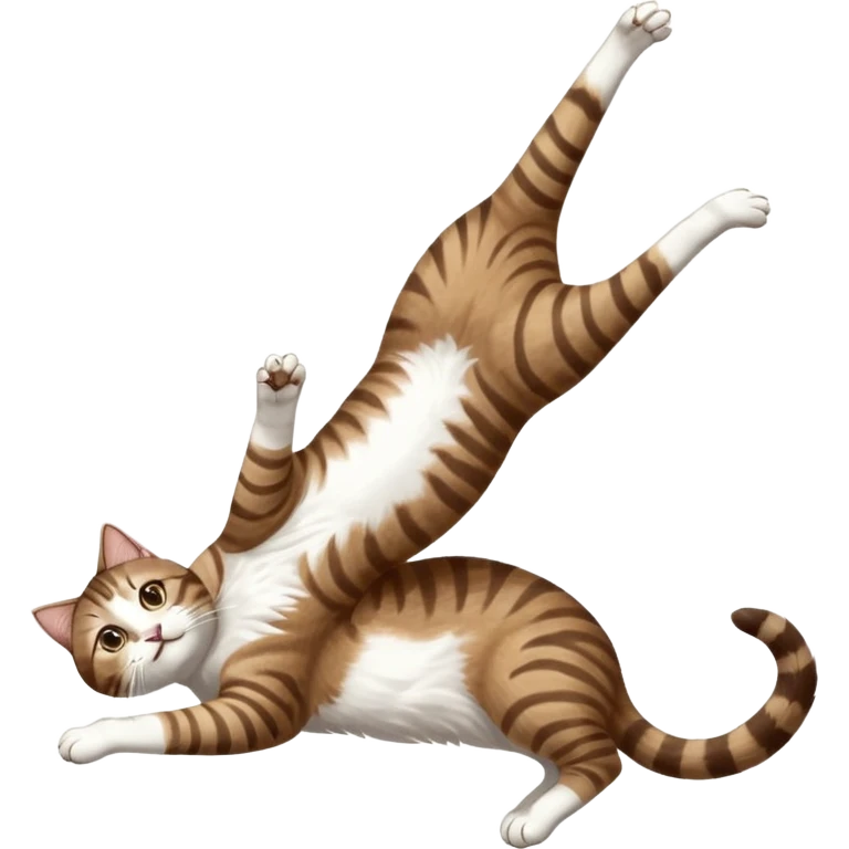 dark brown tabby and white cat with doing a big extremely long stretch reaching up into the air with arms and legs side by side together straight and overextended whilst lying on its side emoji