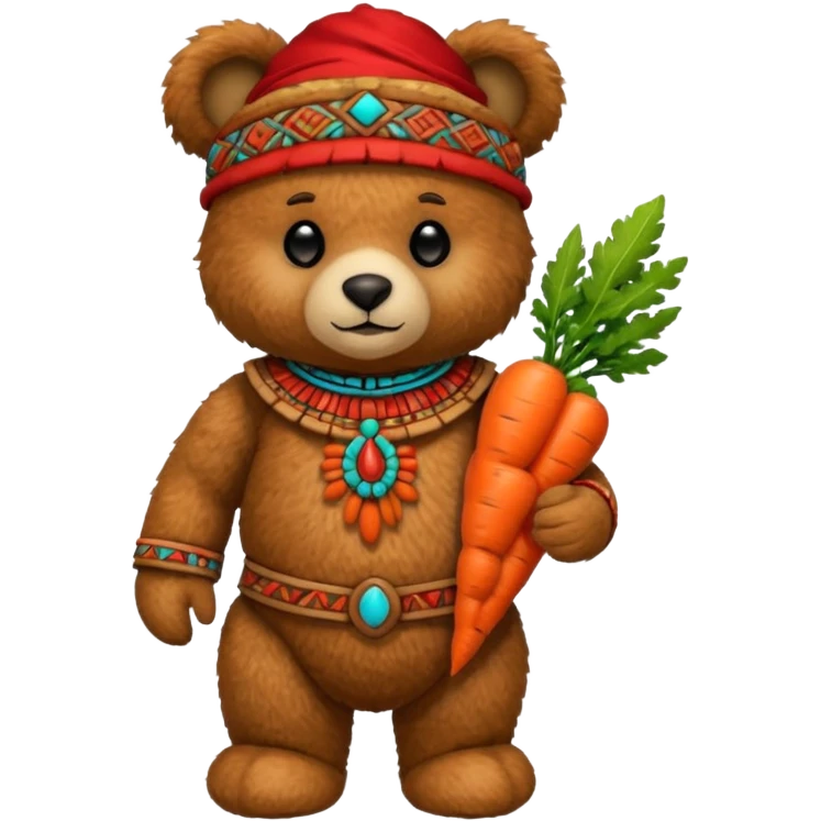 teddy bear, wearing red mayan ancient custome, with carrot half body emoji