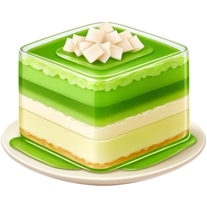 Coconut Pandan Jelly Cinematic Realistic Coconut Pandan Jelly Dessert Emoji, depicted as a layered jelly with distinct strata of coconut and pandan flavors, rendered with delicate textures and vibrant, tropical lighting. emoji