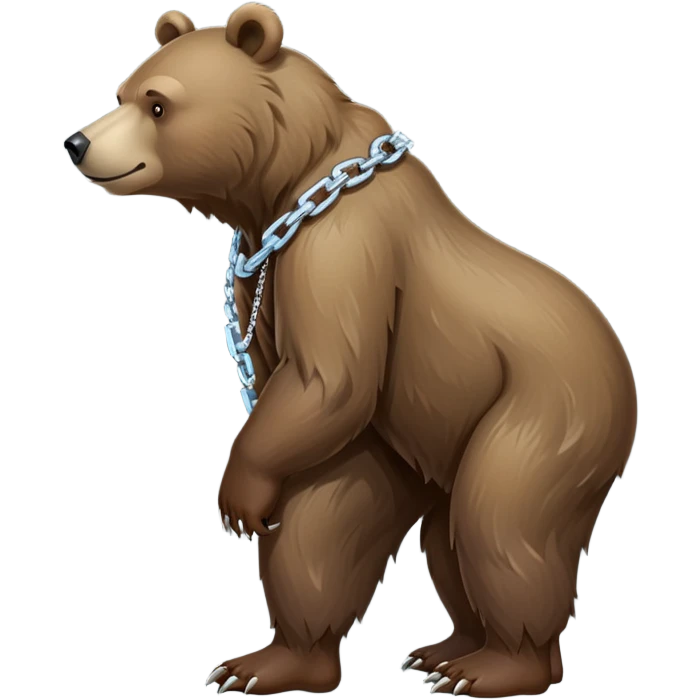 Full-length realistic bear on all four legs in walking position, medium brown color, stern face, head to tail view, ice chain necklace emoji