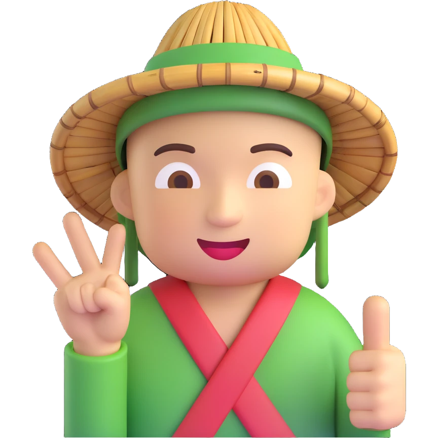 emoji character wearing an Asian bamboo hat, smirking, and pointing the middle finger emoji