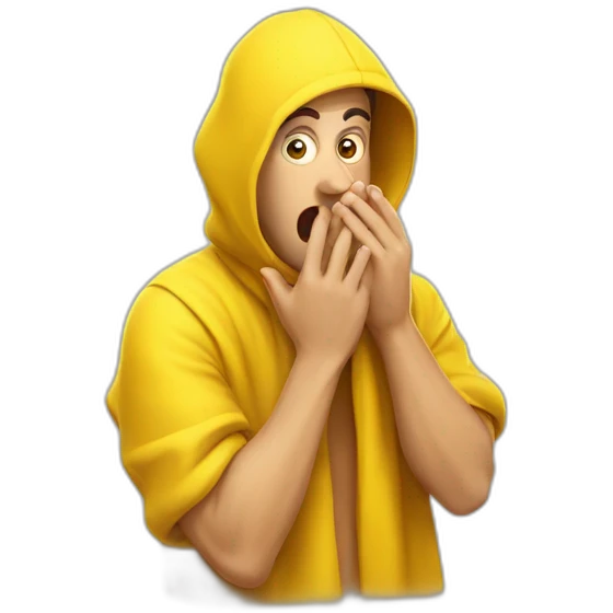 guy in a yellow cloths is shocked, covering his mouth with  hand emoji