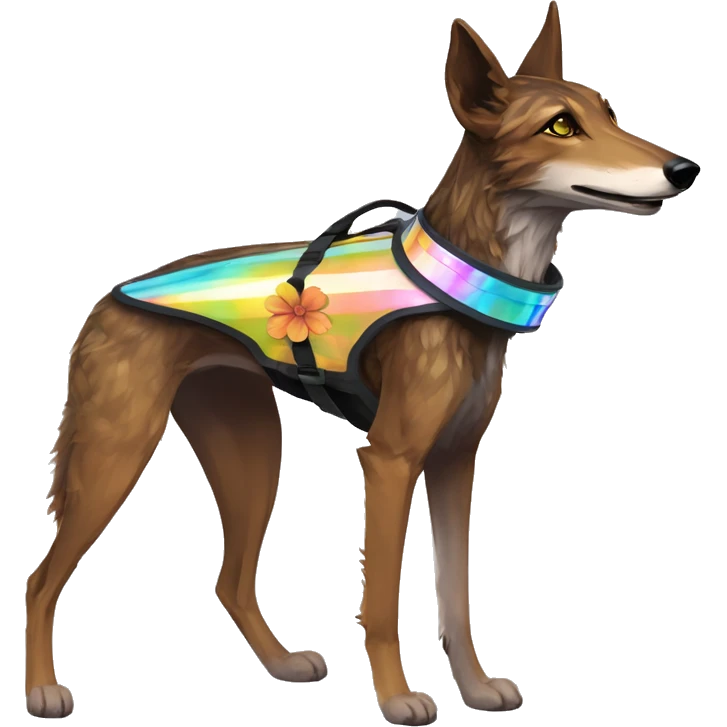  brindle brown black maroon striped lurcher Alsatian fox running blue eyes and iridescent holographic oilslick harness wearing paper iridescent tropical flower crown yellow caution tape emoji