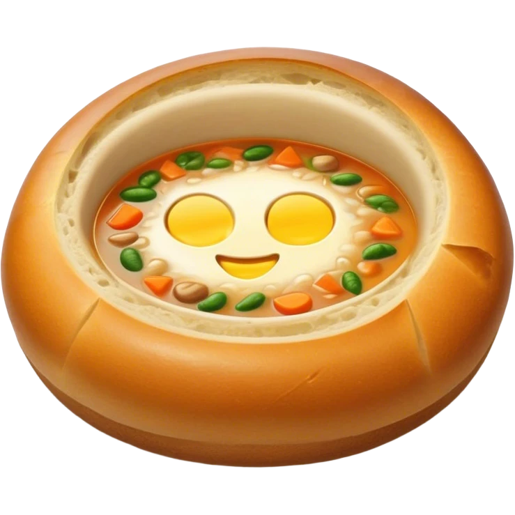 Żurek Cinematic Realistic Żurek Soup Dish Emoji, depicted as a tangy rye soup served inside a hollowed-out round loaf of bread, rendered with rich textures and dynamic, comforting lighting. emoji