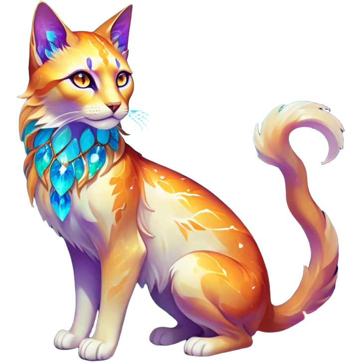 This fascinating hybrid creature combines the crystalline structure of a feline with the warm autumn foliage of a leaf being. Its core body maintains the sleek shape of a cat but is composed of translucent crystals that shift between turquoise blue and amber-orange hues. The creature's face features a blend of feline features with the gentle expression of the leaf being – sharp crystalline ears frame a round, friendly face with glowing purple-amber eyes. Most striking is how autumn leaves emerge from its crystalline body, forming a mane-like collar around its neck and sprouting along its spine and tail. These leaves shimmer with both crystalline properties and natural autumn colors – orange, gold, and deep red – with visible veining that occasionally pulses with energy. When the creature moves, the leaves rustle softly while the crystal body catches light, creating a mesmerizing display of nature and gemstone elements. full body emoji
