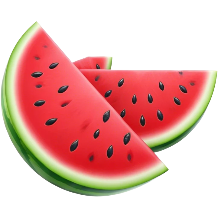 Cinematic juicy watermelon, thick slices revealing vibrant red interior, glossy and glistening with tiny black seeds, fresh and refreshing, soft glowing background, summer vibes. emoji