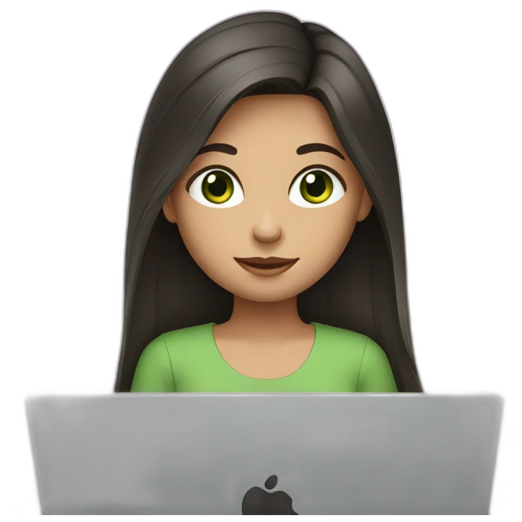 Girl with long dark hair, green eyes and laptop emoji