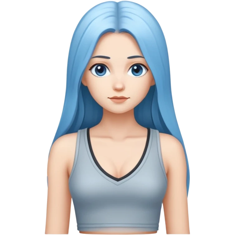 hyperrealistic caucasian, deep sky blue long straight hair, white deep v-neck crop tanktop, gray tight mini skirt emoji