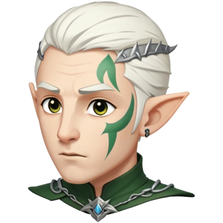 Male Elf with short white hair and rune tattoos running down the left side of his face. He has a scowl and is wearing black armor  emoji