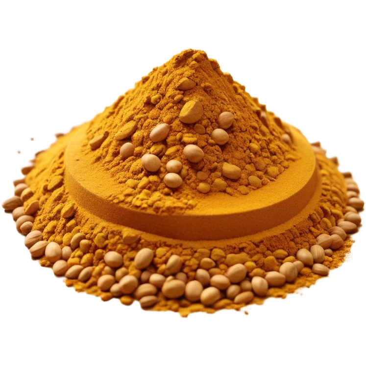 apple emoji aesthetic curry powder, small natural pile with uneven edges, rich golden yellow to ochre, fine grainy texture, dry and fragrant look, no utensils or containers, no faces, clean 3D rendering, soft lighting, transparent background, emoji scale emoji