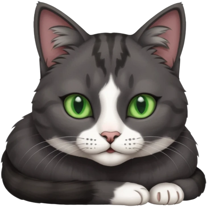 beautiful female solid dark grey cat with green eyes, white toes/paws and white patch on her chest lying down emoji