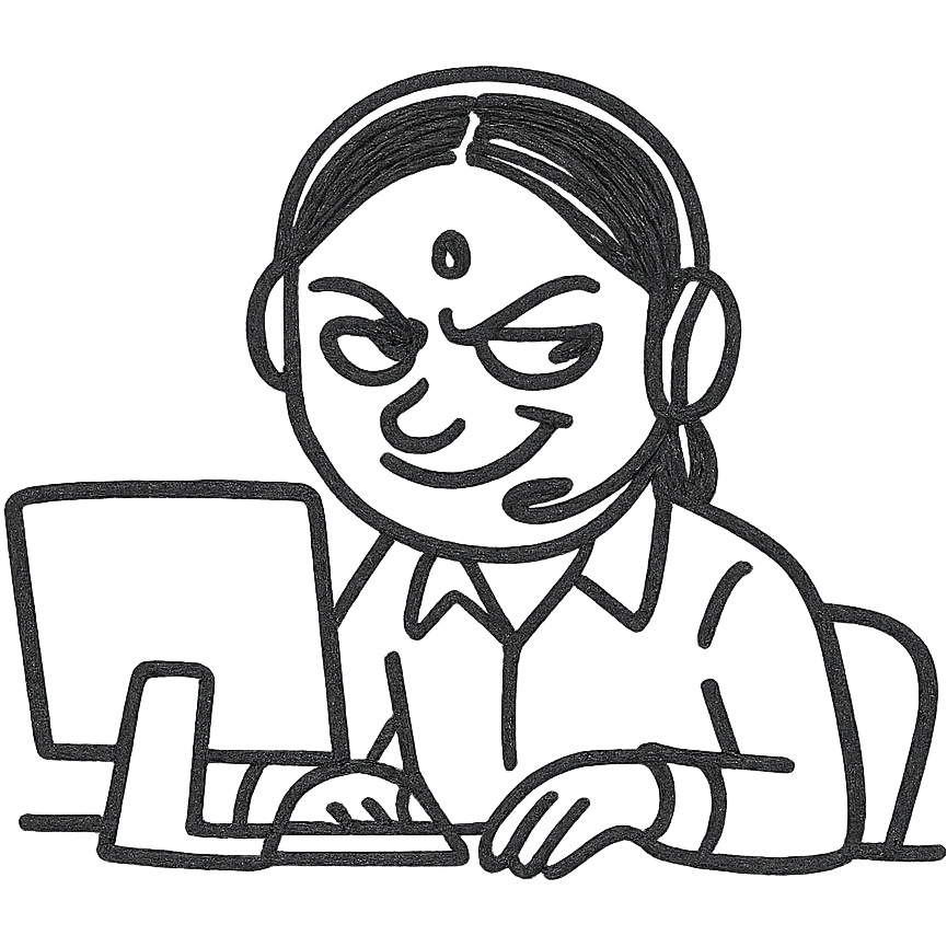 hand-drawn black outline of an Indian call centre worker with a headset, looking sneaky, at a desk emoji