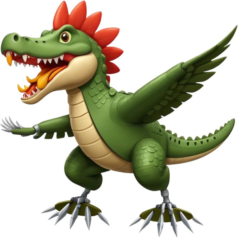 crocodile head with a terrifying mouth merged with a military bomber body, arms as airplane wings with rockets, legs as massive chicken legs like a hut on chicken legs, moving with a roar, trail of destruction emoji