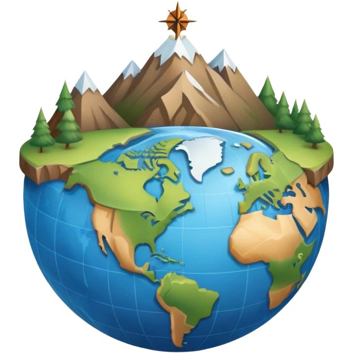 An icon featuring a globe, a compass, and a map, symbolizing geography. The design includes mountain ranges, rivers, and continents, representing the study of Earth’s landscapes and environments. Transparent background highlights the exploration and understanding of the world’s geography. emoji