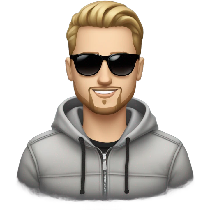 23y old white guy with brown slickback hair and goatee beard wearing sportstyle sunglasses. Balenciaga louis vitton guess  emoji