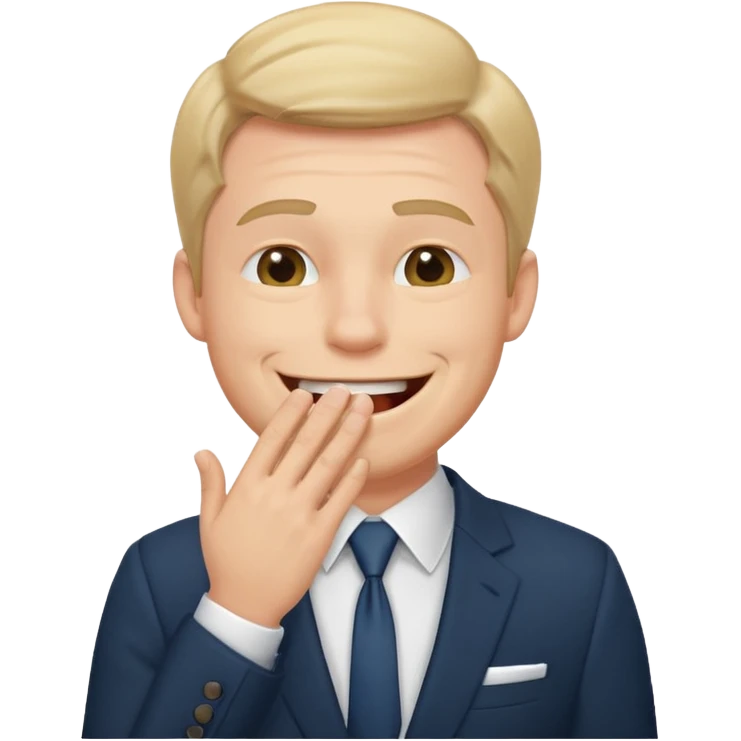 a white man in a formal suit laughs, covers his mouth with his hand emoji