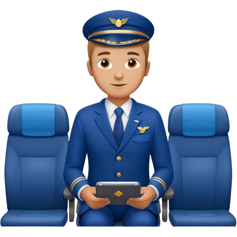A  male courteous flight attendant checking seat rows with a polite, attentive posture. emoji