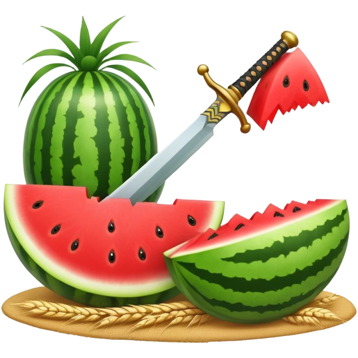 A watermelon cut in a half with a sword, and wheat growing from it. emoji