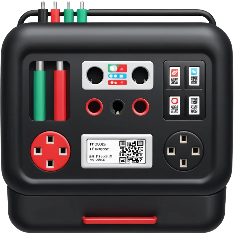 An open, black outdoor test case.Interior: control panel with colored test jacks, USB ports, and a power outlet. A red test probe is located next to it. On the left side of the case is a large roll of white, round test labels displaying QR codes.  emoji