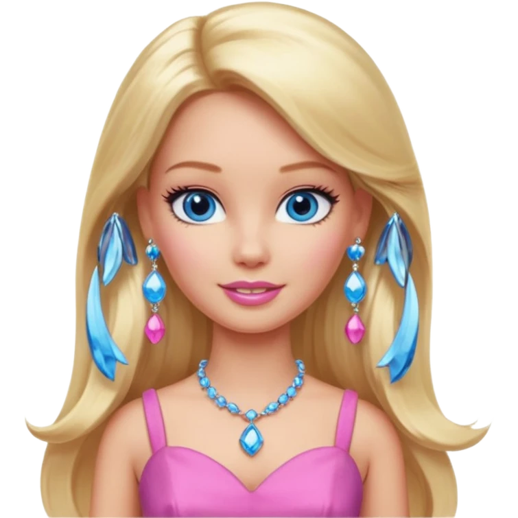 barbie, long blonde hair, pink dress, with blue eyes,different dress,ear rings, jewelry. emoji