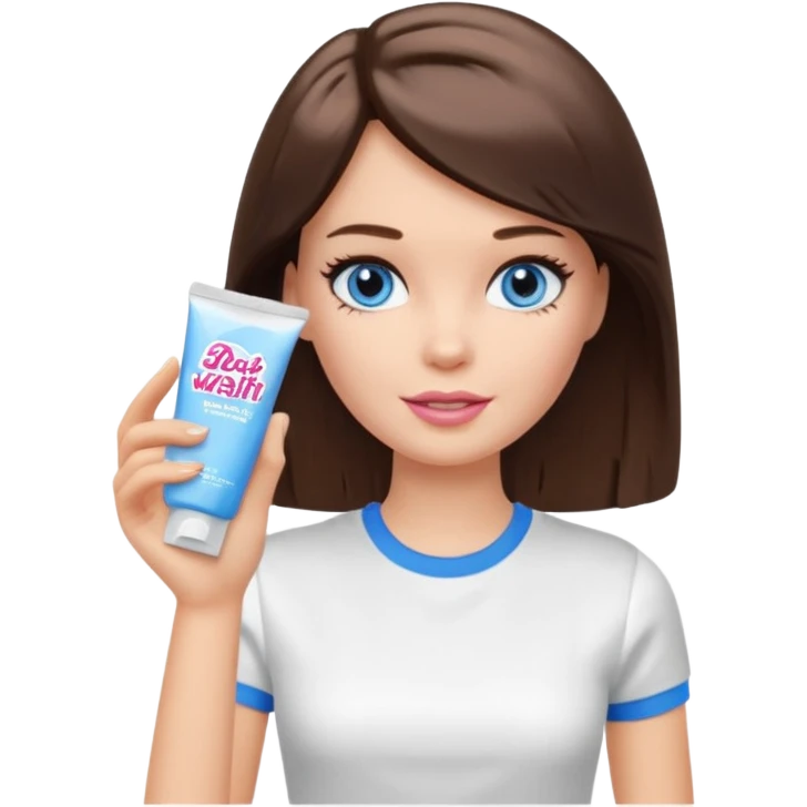 Barbie girl with makeup, blue eyes , and bob long haircut, short brown hair in white T-shirt, face Wash Cream emoji