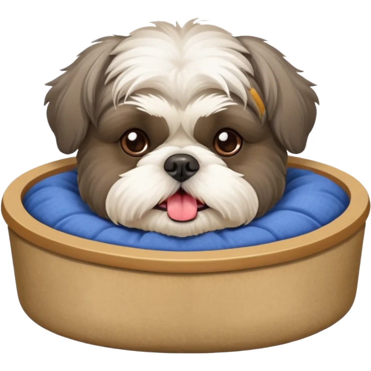 old grey shih tzu in dog bed with bowl of food tongue hanging out emoji