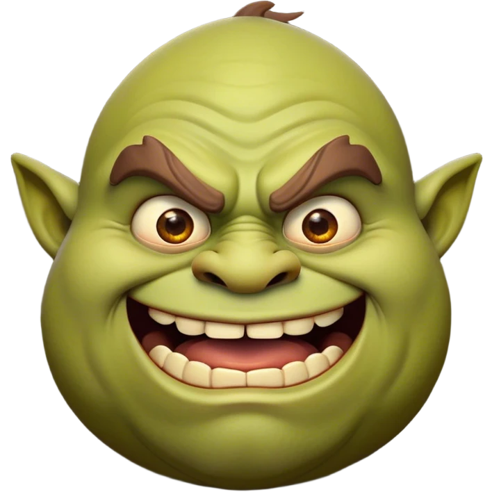 Cinematic Comical Ogre Portrait Emoji, with a strikingly exaggerated, bulky figure in vivid earthy greens and browns, head tilted in a dramatically surprised expression with wide, comically bulging eyes and a goofy, oversized grin, simplified yet hilariously exaggerated, highly detailed with a soft, cartoonish glowing outline capturing the playful absurdity of a meme-worthy ogre! emoji