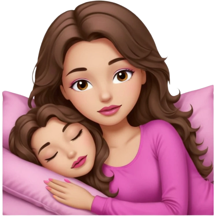 girl with long wavy brown hair, brown eyes, long lashes makeup, sexy pink lips, light to medium complexion, wearing a pink sexy top, sleeping emoji