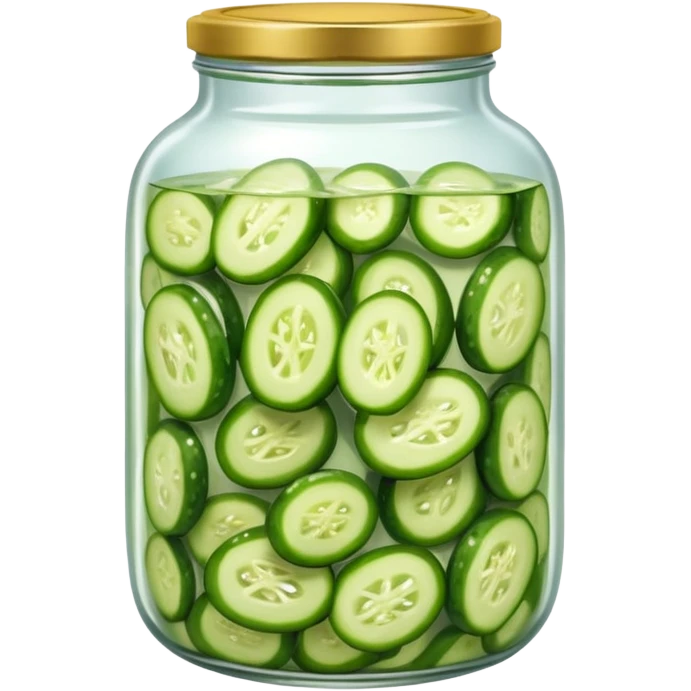 A jar of pickled cucumbers with clear brine and green whole pickles.







 emoji