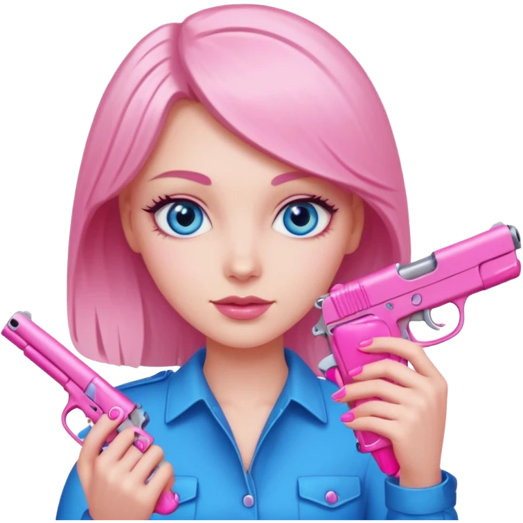white girl with blue eyes, pink fingernails, holding a pink gun emoji