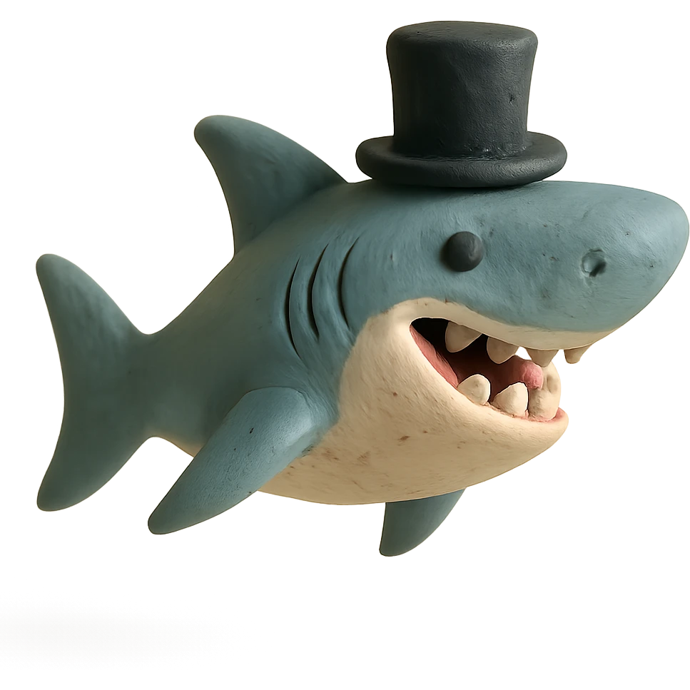 claymation style shark with a top hat emoji