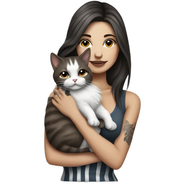 Beautiful dark brown haired tattooed woman holding gray and white striped long hair cat emoji