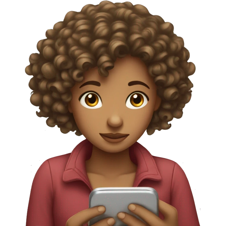 a curly haired girl looking down at the phone in her hand emoji