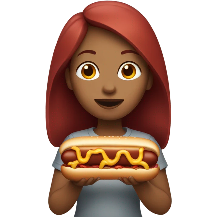 Girl with dark red hair eating a hotdog emoji