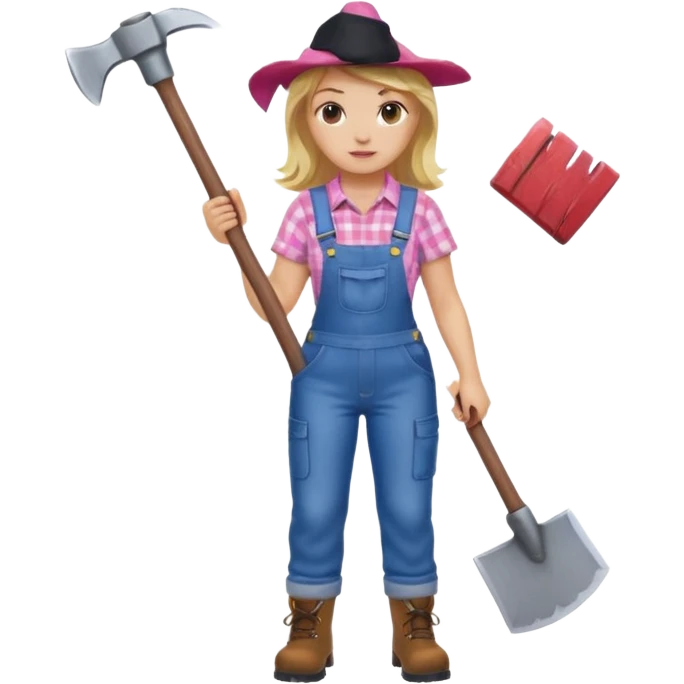 lumberjack blonde woman holding axe pink checked shirt and overalls emoji