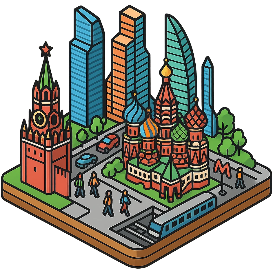 Изометричная миниатюрная фотореалистичная 3D модель Москвы на подставке - Кремль, собор Василия Блаженного, фотореалистичные Башни Москва-Сити, аккуратная детализация, четкие линии, яркие цвета, мультяшный реализм, гуляют люди и современный автотранспорт и метро, компактная композиция, вид сверху в изометрии, прозрачный фон emoji