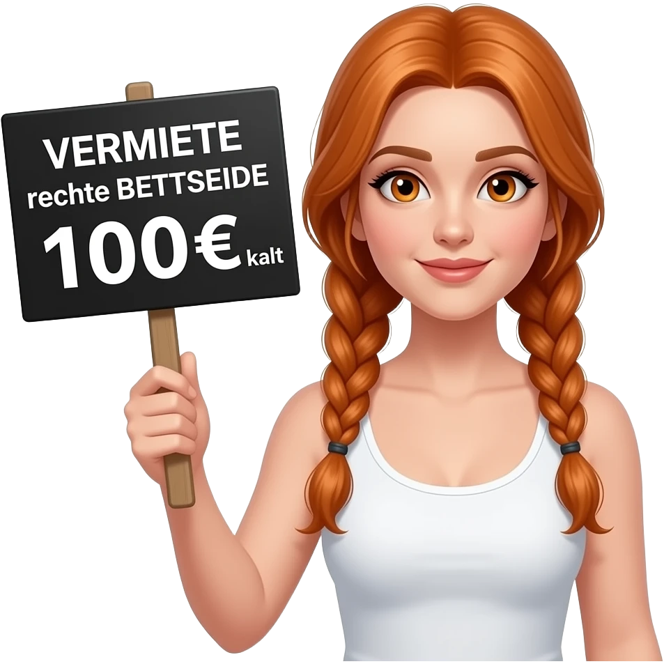 sexy girl with long ginger braids and ginger eyes wearing a white tanktop is holding a black sign with VERMIETE rechte BETTSEITE 100€ kalt written on it emoji
