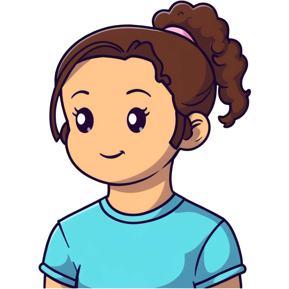girl with brown curly hair in a ponytail, brown eyes, brown hair emoji
