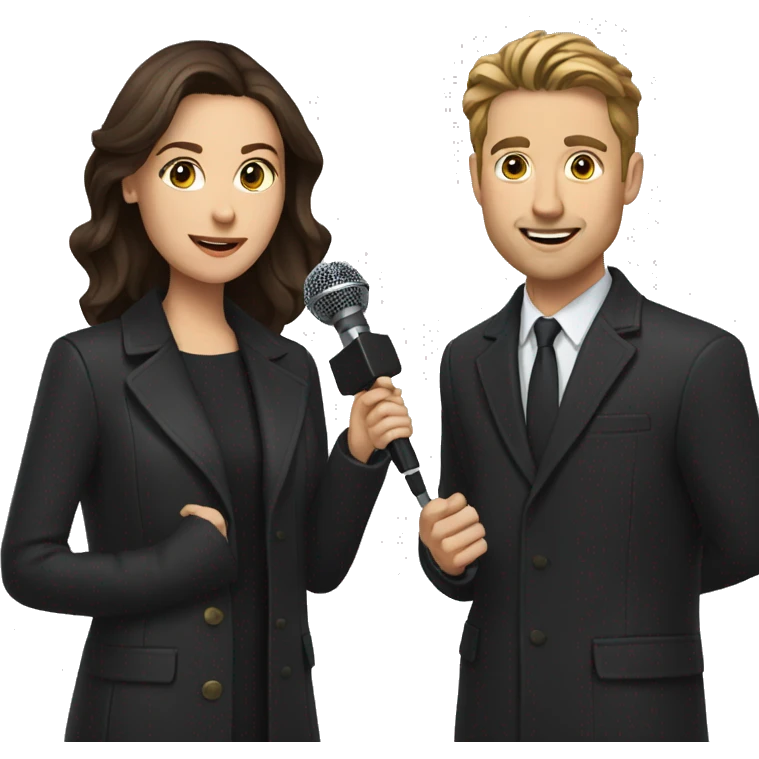 White male reporter with a microphone, brunette in a black coat emoji