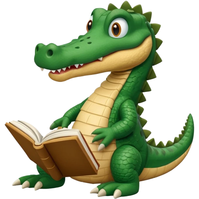 A claymation-style academic alligator with a book. The background is a solid white circle emoji