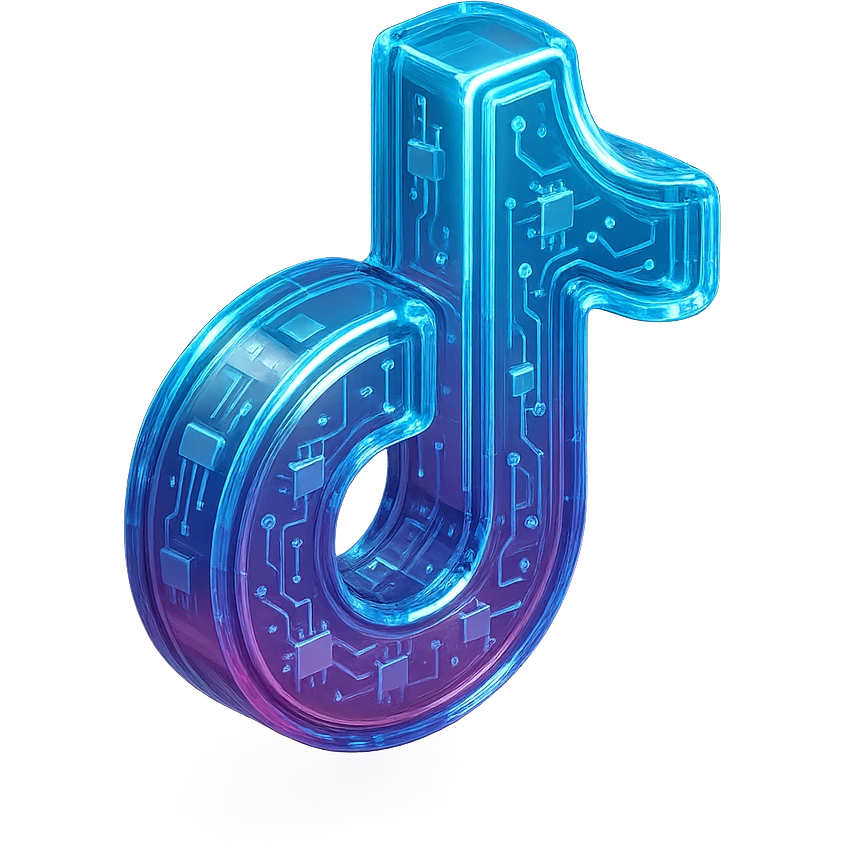 Futuristic TikTok logo, glossy circuit style, luminous blue highlights, transparent background emoji