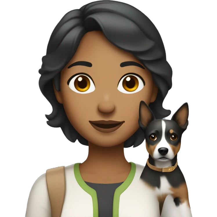 Apple style brown woman with medium black hair holding gray heeler emoji