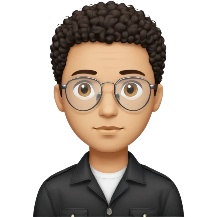 Man with small face and prominent forehead, teardrop-shaped aviator glasses, very minimal dark curly hair on top with completely shaved sides, light brown complexion, gentle expression, black button-up shirt emoji