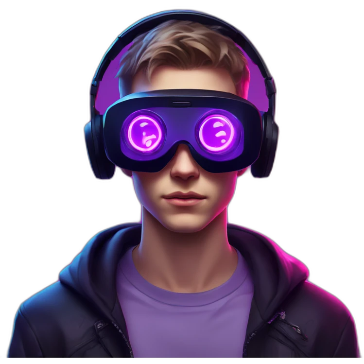 Russian young man wearing a black hoodie with "OMG" letters on it and VR headset in a cyberpunk VR environment with violet neon lighting. emoji