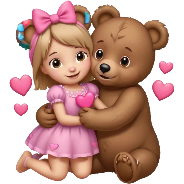 girl bear with bow on her head and boy bear hugging, couple, surrounded by hearts, playful and loving, cute emoji