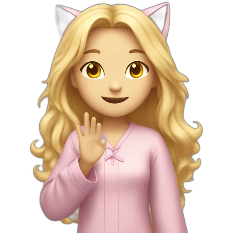 Catgirl with long blond hair yellow eyes in Choral pajamas waving emoji