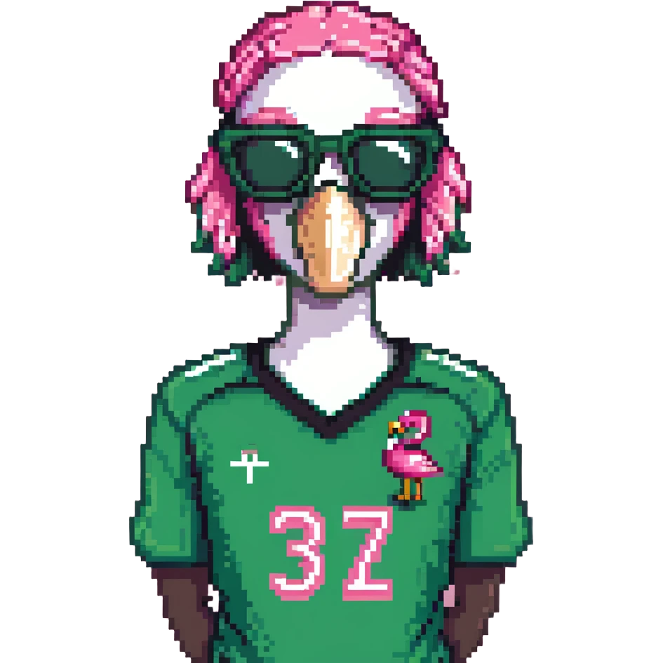 flamingo soccer player wearing sunglasses and a black and green jersey emoji