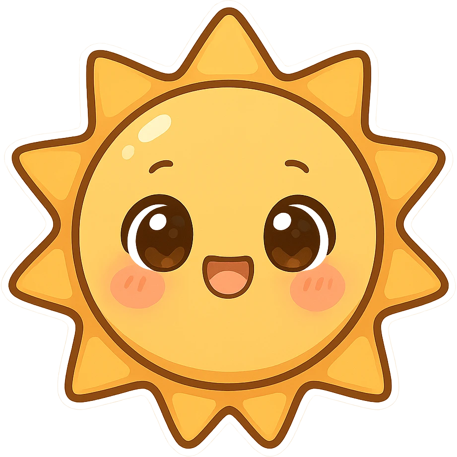 chibi sticker-style sun, cute and exaggerated emoji